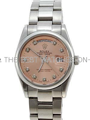 Rolex Oyster Day Date Replica Watches White Gold Salmon Rose dial diamond hour markers RLLPA4