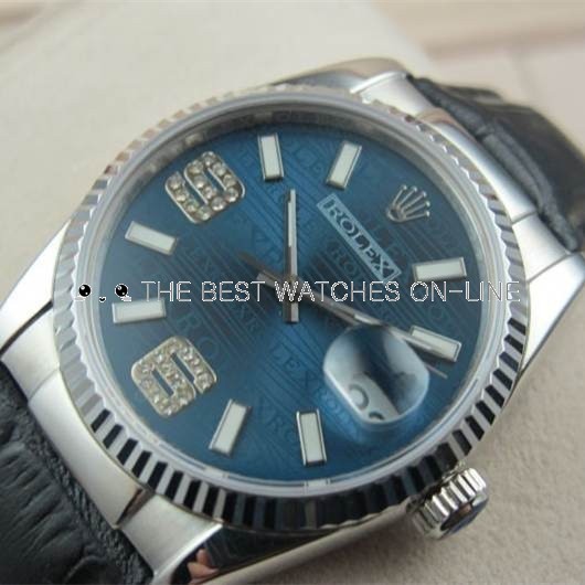 Swiss Rolex Datejust White Gold Black Leather strap Blue dial Diamonds Automatic Replica Watch 