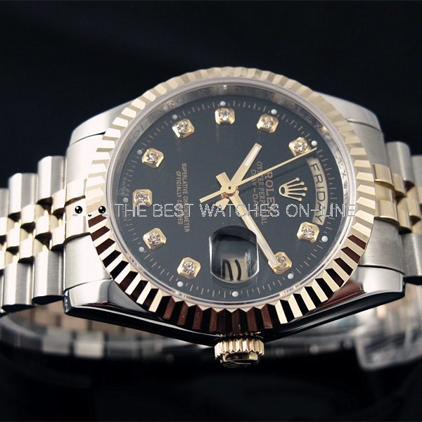 Rolex Day-Date 18K Gold Black dial Diamond time markers Automatic Replica Watch