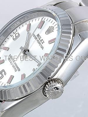Rolex Oyster Perpetual Replica Watches SS Silver Dial with Arabic and Orange Bar Hour Markers