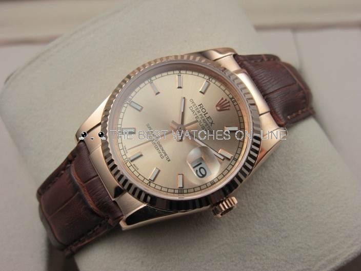 Swiss Rolex Datejust Rose Gold Brown Leather strap Golden dial