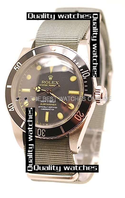 Rolex Submariner Black dial Grey Nylon strap Dot time markers Automatic Replica Watch 