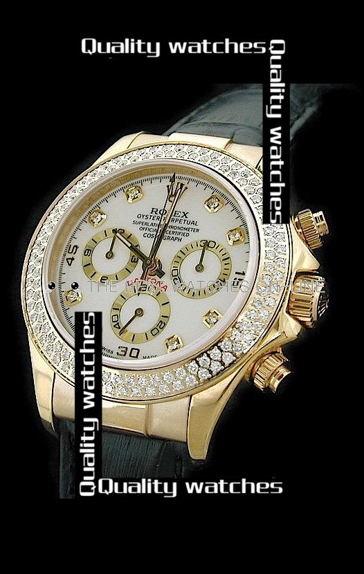 Swiss Rolex Cosmograph Daytona White Dial Full Diamonds Bezel Black Strap Automatic Replica Watch 