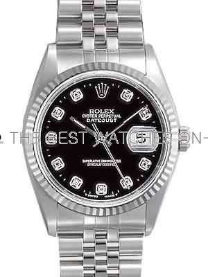 Rolex Datejust Replica Watches SS Stainless Steel Black Dial Diamond Hour markers V