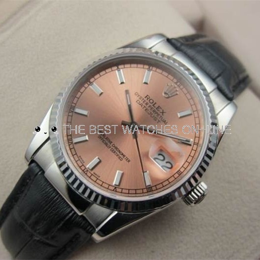 Swiss Rolex Datejust 18K White Gold Black Leather strap Pink Dial Stick Time markers Automatic Replica Watch 