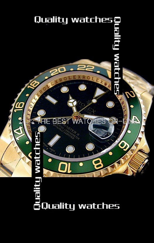 Swiss Rolex GMT-Master II Gold Black dial Green bezel Automatic Replica Watch 