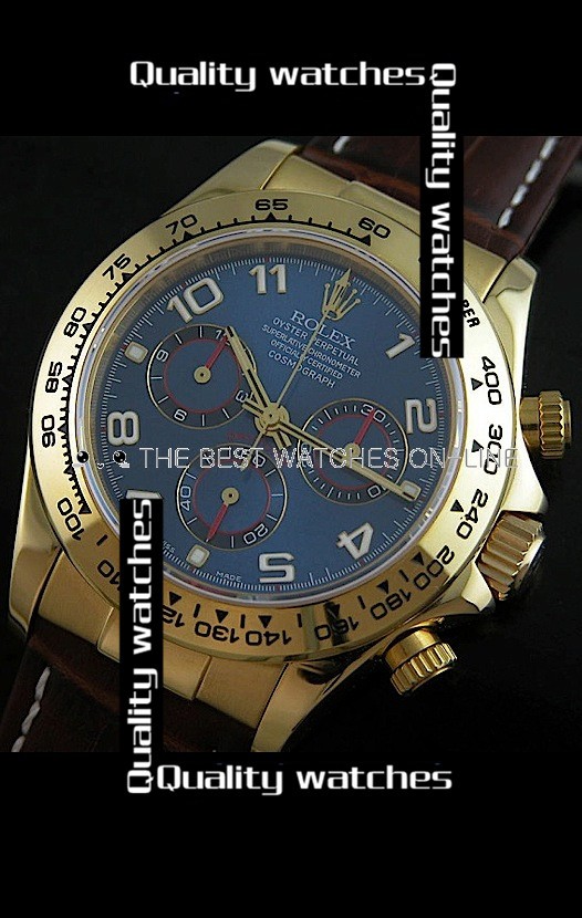 Swiss Rolex Cosmograph Daytona Dark Blue Dial 18K Gold Leather Strap Automatic Replica Watch 