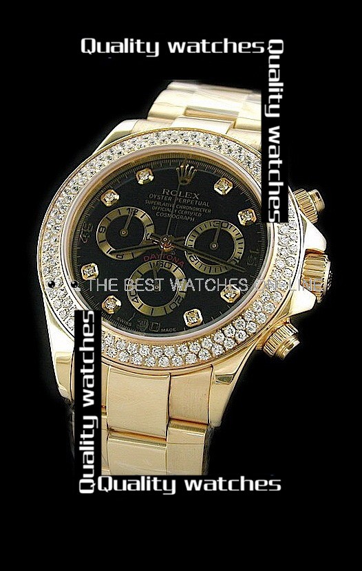 Swiss Rolex Cosmograph Daytona Black Dial Full Diamonds Bezel Steel Strap Automatic Replica Watch 