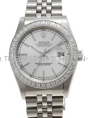 Rolex Datejust Replica Watches SS Silver tapestry dial diamond rim bar hour markers