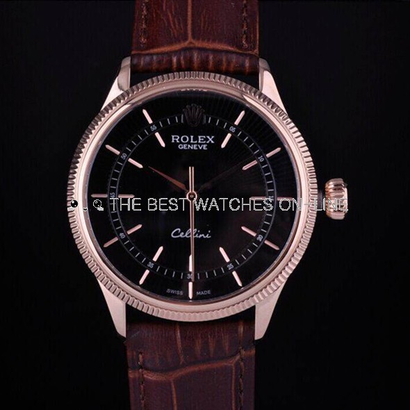 Swiss Rolex Cellini Rose Gold Black Dial Stick Time Markers Automatic Replica Watch 