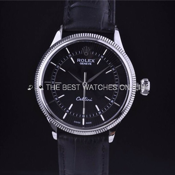 Swiss Rolex Cellini18K White Gold Black Dial Stick Time Markers Automatic Replica Watch 