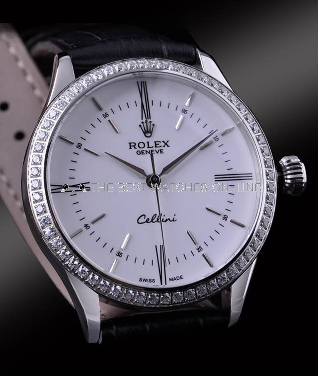 Swiss Rolex Cellini White Gold Diamond Bezel White Dial Automatic Replica Watch 