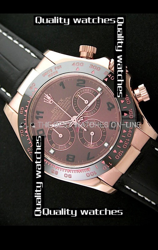 Swiss Rolex Cosmograph Daytona Rose Gold Brown Dial Black Leather Strap Automatic Replica Watch (High End) 