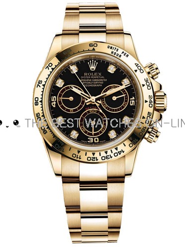 Rolex Cosmograph Daytona 18K Gold Black dial Diamond time markers Automatic Replica Watch 
