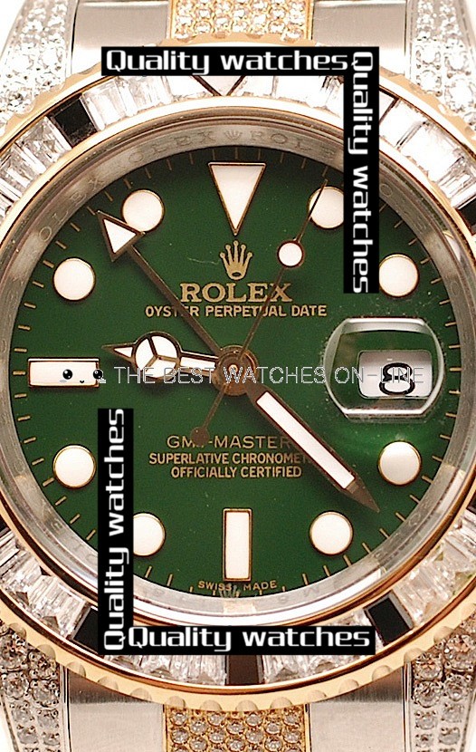 Swiss Rolex GMT-Master II 2011 Edition Diamonds case bezel and strap Green dial Automatic Replica Watch 