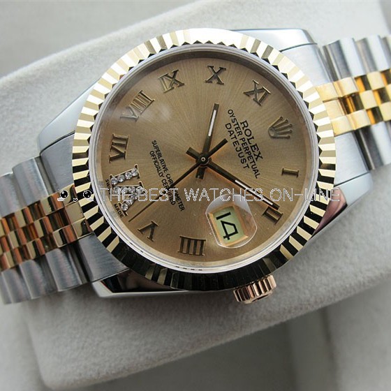 Rolex Datejust Golden dial 18K Rose Gold Roman numerals Diamonds on 6 o’clock Automatic Replica Watch