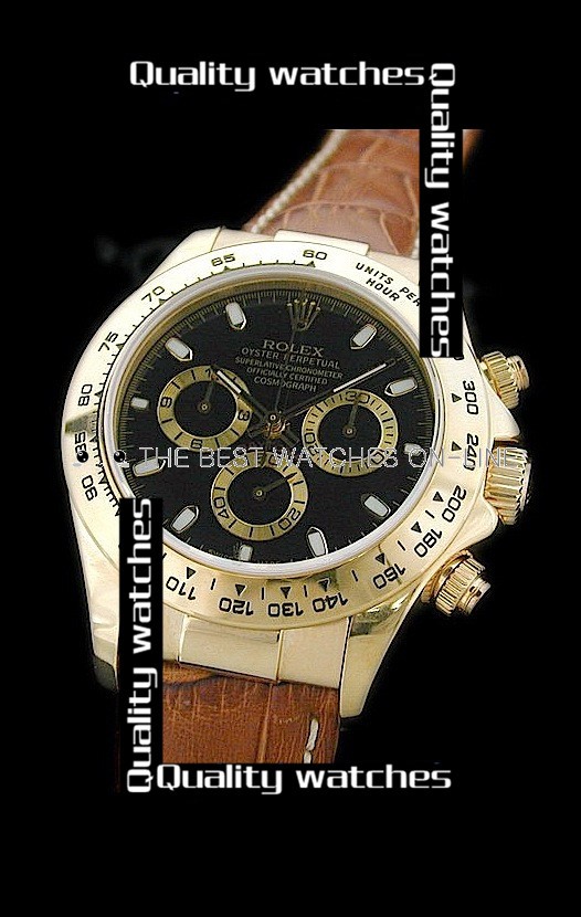 Swiss Rolex Cosmograph Daytona Yellow Gold Golden Sub-Dials Stick Markers Brown Strap Automatic Replica Watch