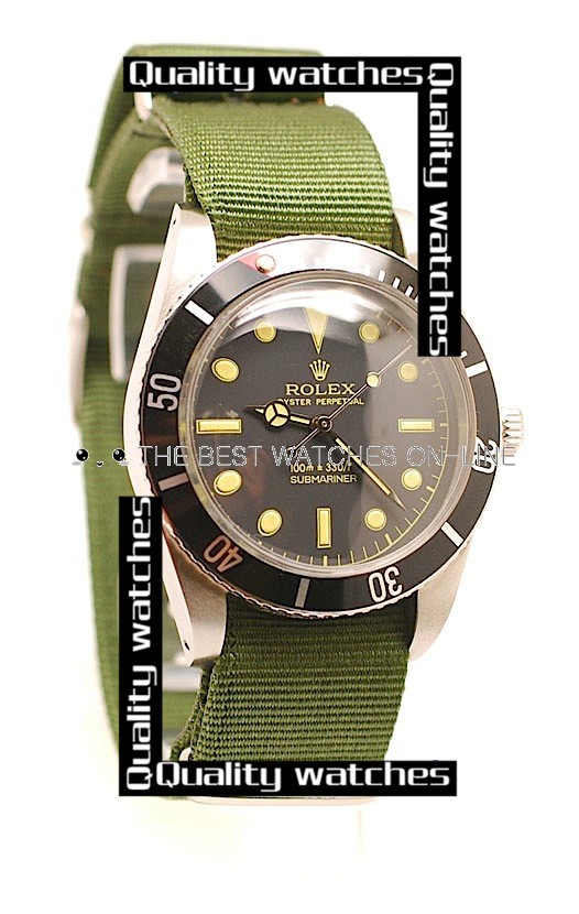 Rolex Submariner Black dial Green Nylon strap Dot time markers Automatic Replica Watch 