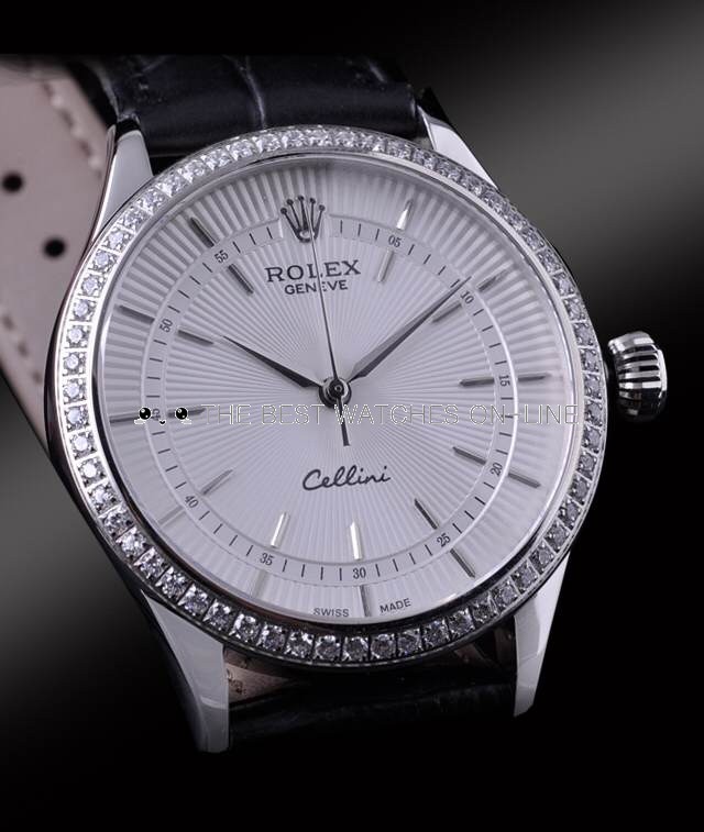 Swiss Rolex Cellini White Gold Diamond Bezel Stick Time Markers Automatic Replica Watch 