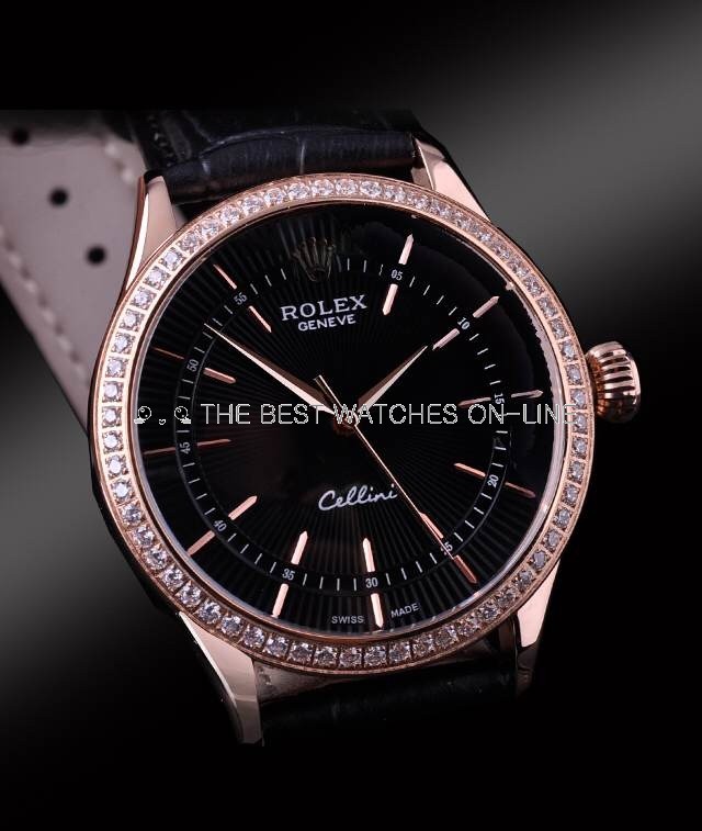 Swiss Rolex Cellini Rose Gold Diamond Bezel Stick Time Markers Black Dial Automatic Replica Watch 