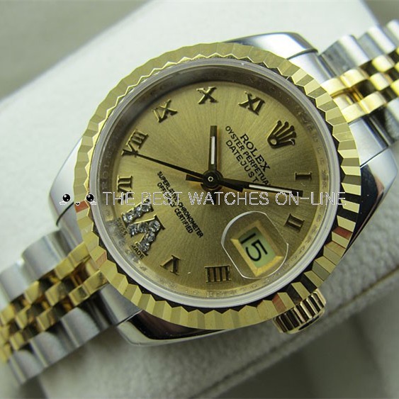 Rolex Datejust Golden dial 18K Yellow Gold Roman numerals Diamonds on 6 o’clock Automatic Replica Watch