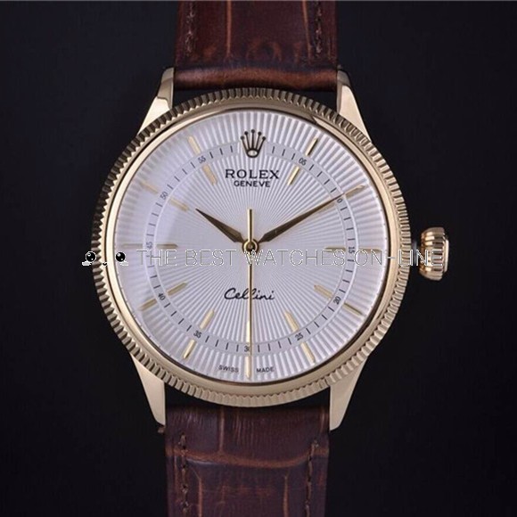 Rolex Cellini Swiss Automatic Watch Yellow Gold Brown Strap       