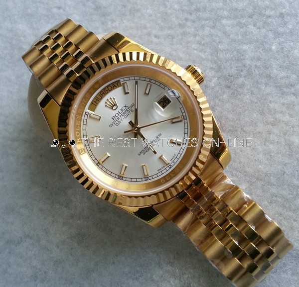 Replica Rolex Day-Date II Automatic Full Gold Watch Silver White Dial 41mm