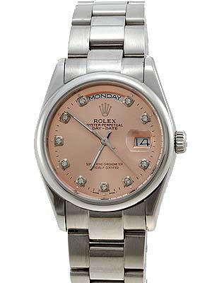 Rolex Oyster Day Date Replica Watches White Gold Salmon Rose dial diamond hour markers RLLPA4