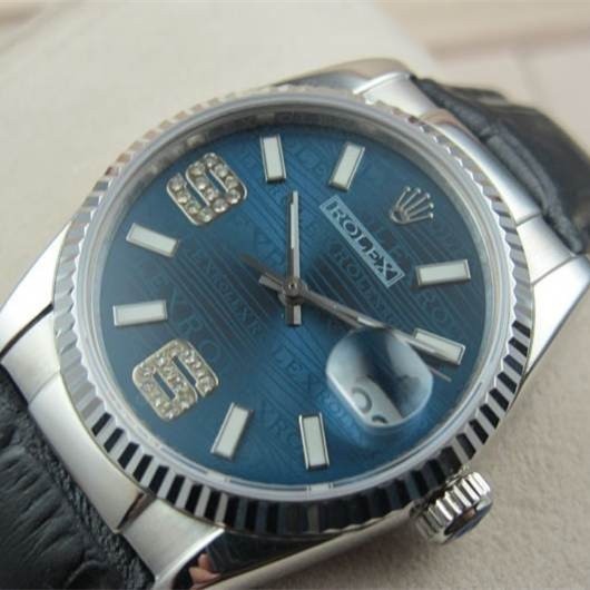 Swiss Rolex Datejust White Gold Black Leather strap Blue dial Diamonds Automatic Replica Watch 