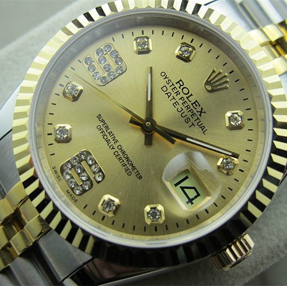 Swiss Rolex Datejust Golden dial 18K Yellow Gold Diamond time markers Dense Diamonds on 6 and 9 o’clock Automatic Replica Watch