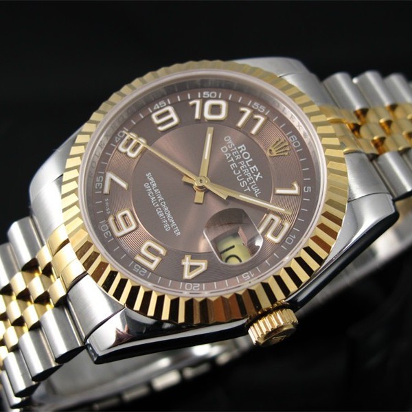Swiss Rolex Datejust 18K Yellow Gold Chocolate Concentric circles dial Arabic numerals Automatic Replica Watch