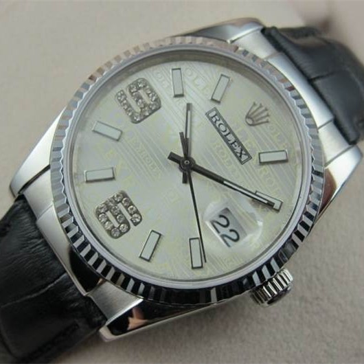 Swiss Rolex Datejust White Gold Black Leather strap White dial Diamonds Automatic Replica Watch 