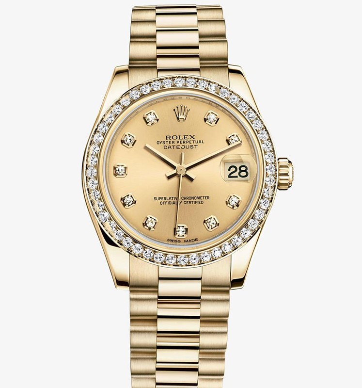 Swiss Rolex Datejust Ladies 178288 Yellow Gold Champagne dial Diamond bezel Automatic Replica Watch