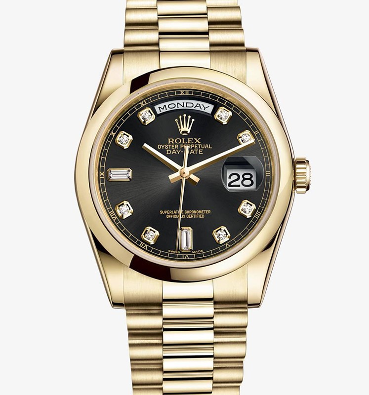 Swiss Rolex Day-Date 118208 18K Yellow Gold Black dial Diamond time markers Men Automatic Replica Watch