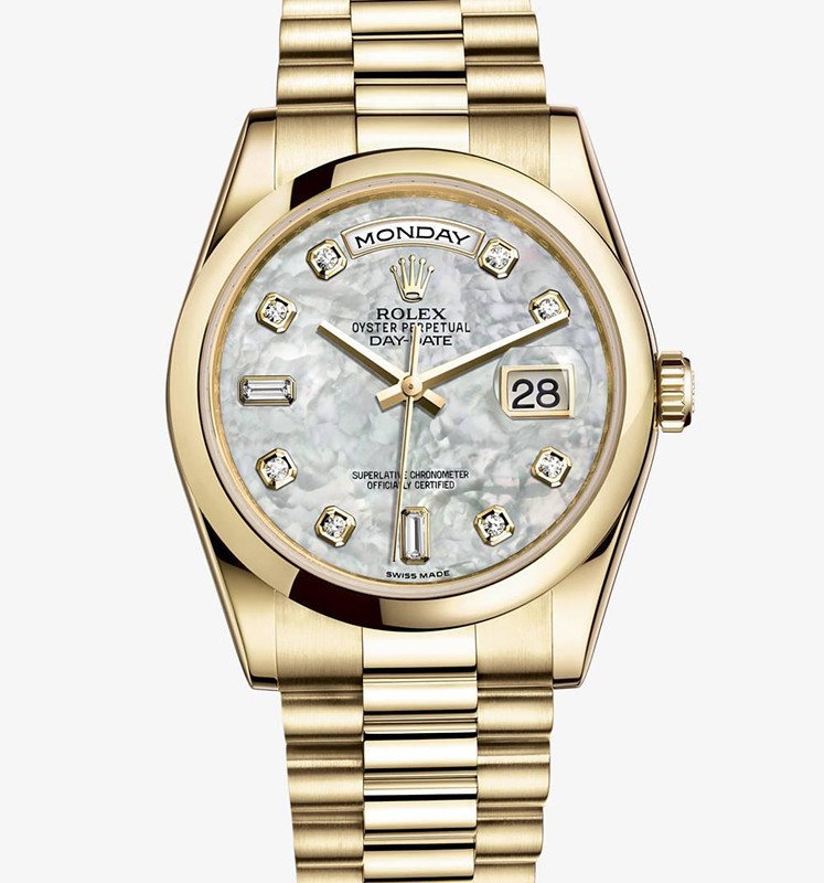 Swiss Rolex Day-Date 118208 18K Yellow Gold White MOP dial Diamond time markers Men Automatic Replica Watch