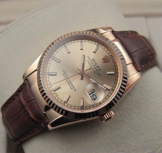 Swiss Rolex Datejust Rose Gold Brown Leather strap Golden dial Stick time markers Automatic Replica Watch 