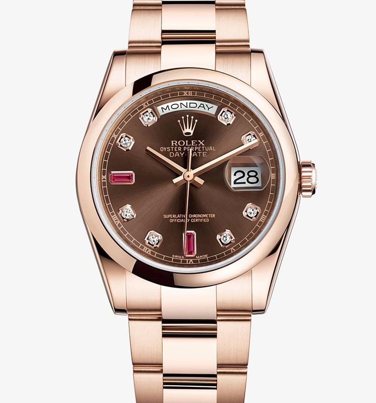 Swiss Rolex Day-Date 118205 18K Rose Gold Brown dial Diamond Ruby time markers Men Automatic Replica Watch