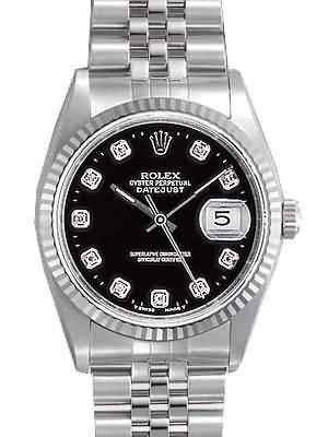 Rolex Datejust Replica Watches SS Stainless Steel Black Dial Diamond Hour markers V