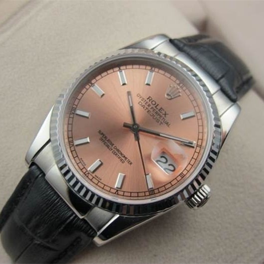 Swiss Rolex Datejust 18K White Gold Black Leather strap Pink Dial Stick Time markers Automatic Replica Watch 