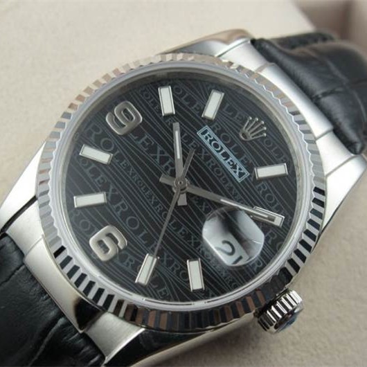 Swiss Rolex Datejust 18K White Gold Black Leather Strap Black Dial Automatic Replica Watch