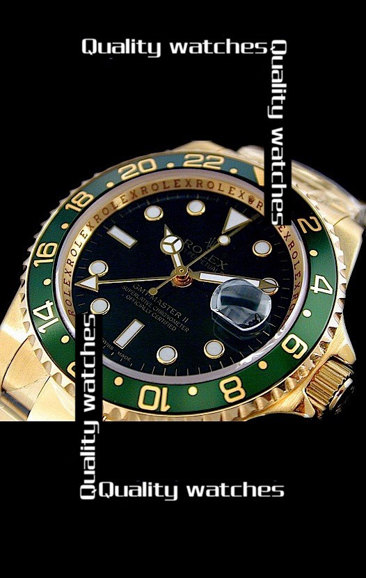 Swiss Rolex GMT-Master II Gold Black dial Green bezel Automatic Replica Watch 