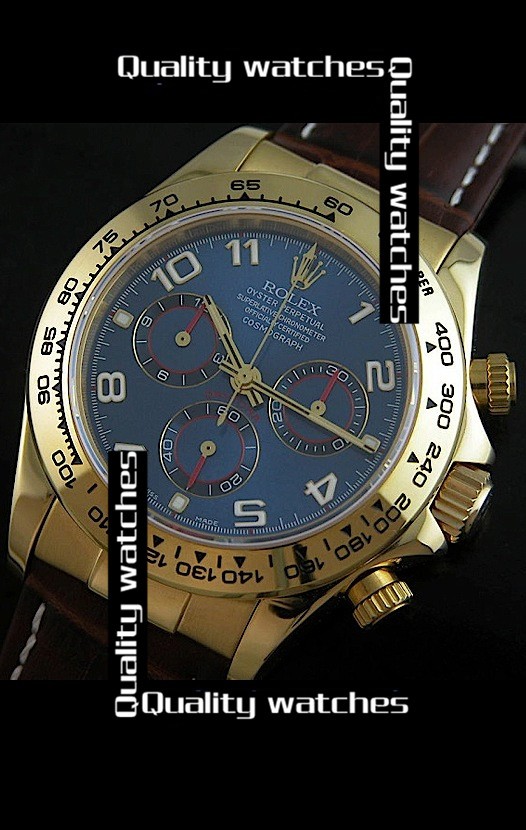 Swiss Rolex Cosmograph Daytona Dark Blue Dial 18K Gold Leather Strap Automatic Replica Watch 