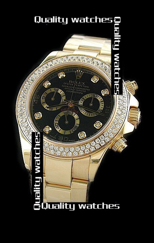 Swiss Rolex Cosmograph Daytona Black Dial Full Diamonds Bezel Steel Strap Automatic Replica Watch 