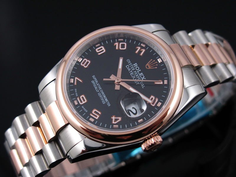 Swiss Rolex Datejust Rose Gold Black dial Arabic numerals Two toned strap Automatic Replica Watch