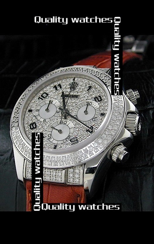 Swiss Rolex Daytona Diamonds inlaid Dial Brown Leather Strap Automatic Replica Watch 