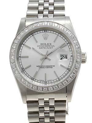 Rolex Datejust Replica Watches SS Silver tapestry dial diamond rim bar hour markers