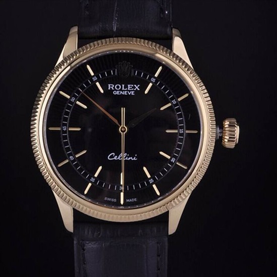 Swiss Rolex Cellini 18K Yellow Gold Black Dial Stick Time Markers Automatic Replica Watch 
