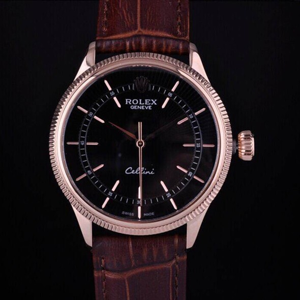Swiss Rolex Cellini Rose Gold Black Dial Stick Time Markers Automatic Replica Watch 