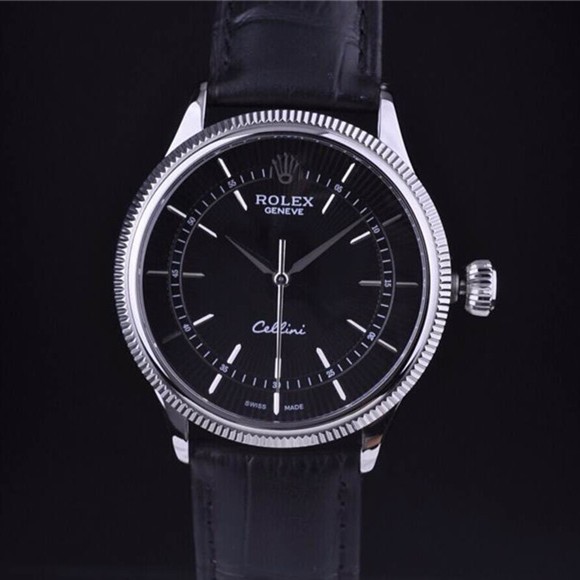 Swiss Rolex Cellini18K White Gold Black Dial Stick Time Markers Automatic Replica Watch 