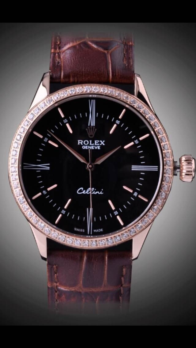 Swiss Rolex Cellini Rose Gold Diamond Bezel Black Dial Automatic Replica Watch 